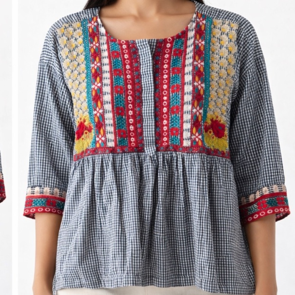 Khaadi Embroidered Boho Peplum Tunic Gingham Cotton Size 8
